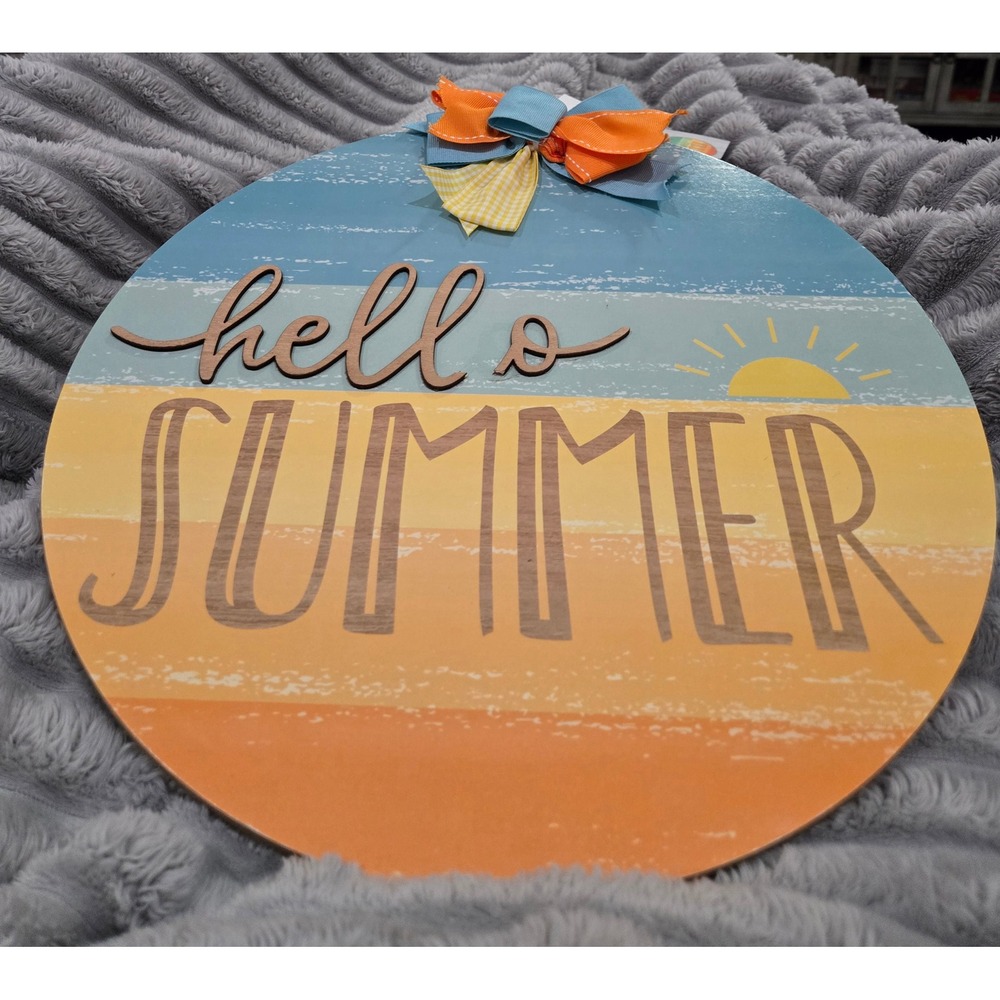 Kirkton House Hello Summer Circle Sign 15in Wood Door Hanger Beaded Bow Coastal